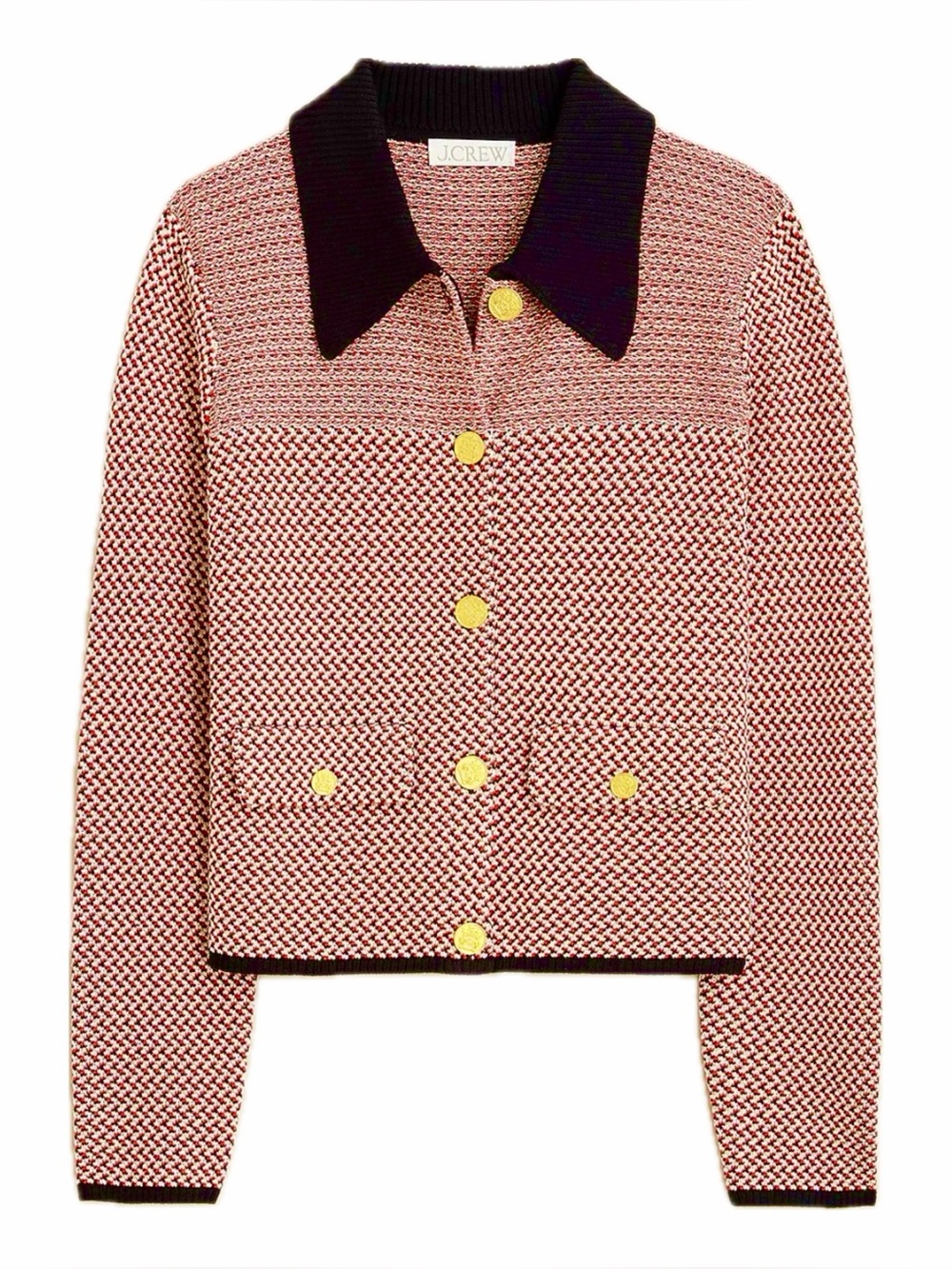 J. Crew Sweater Lady Jacket Herringbone Knit Black Red Ivory
